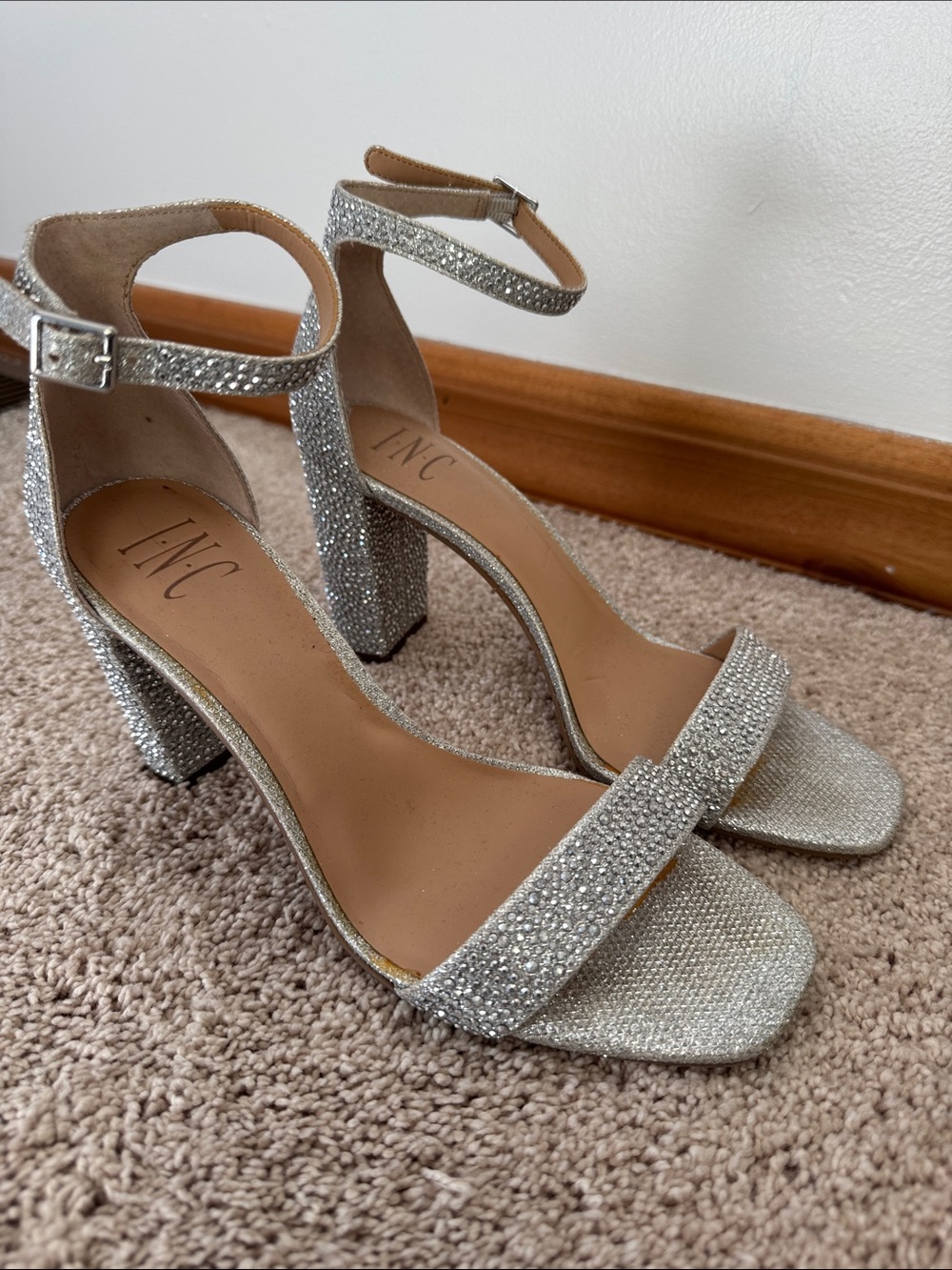 INC International Concepts Silver Rhinestone Ankle-Strap Block Heels